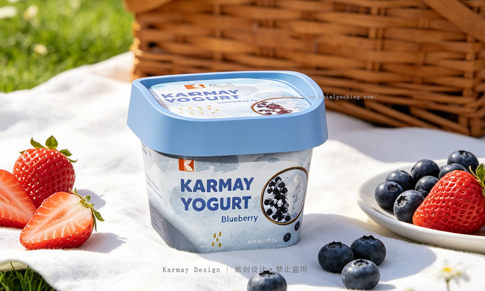 High-quality IML Greek yogurt cup by Karmay, food-grade plastic material, seamless labeling, customizable for dairy brands, global supply available.