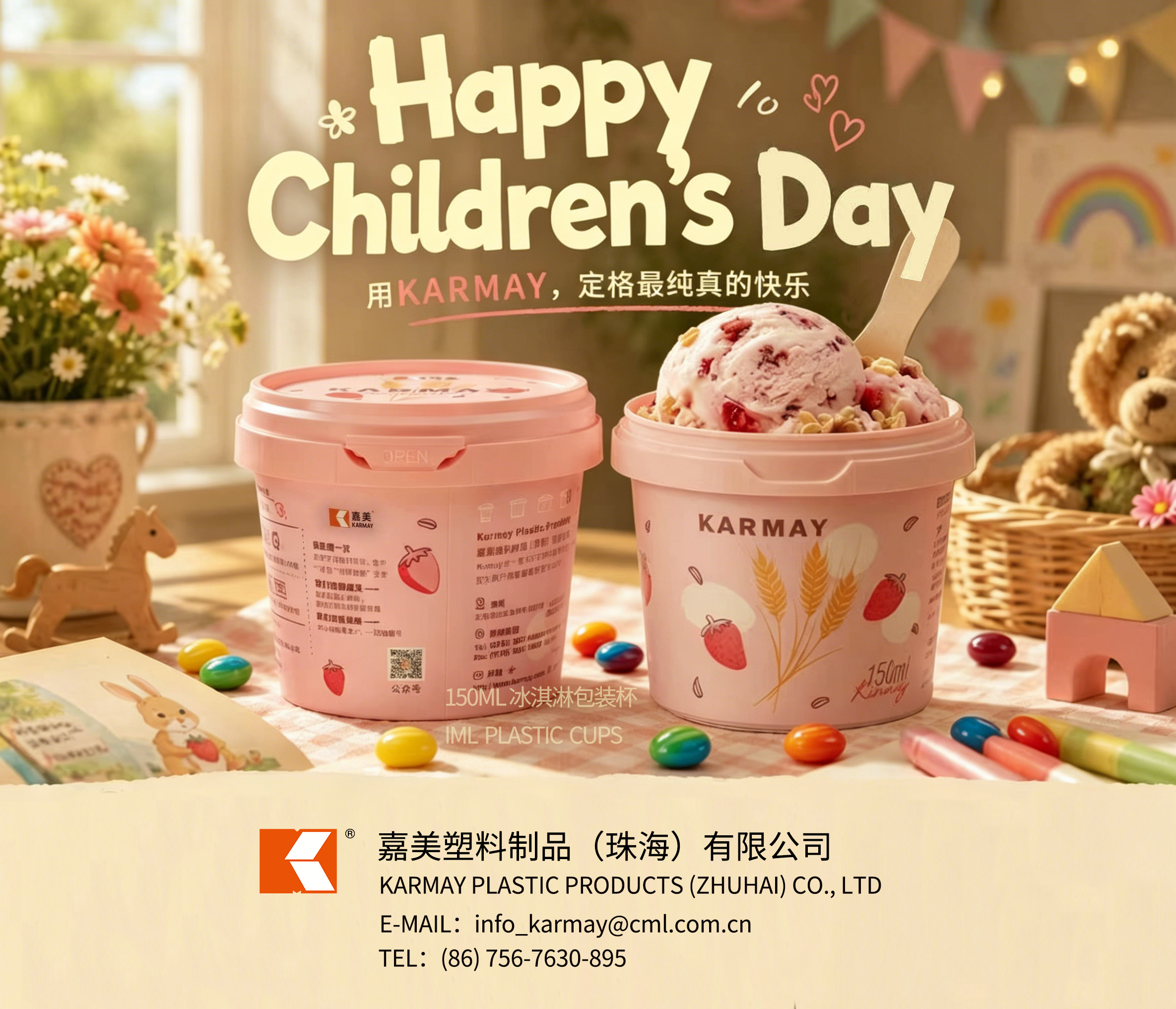嘉美六一主题宣传图，多款童趣设计儿童食品包装，食品级材质、品质稳定，支持定制与稳定供货。祝愿小朋友们六一快乐，快乐成长。