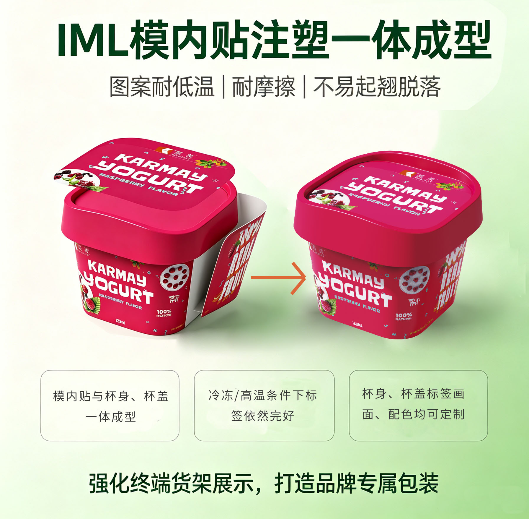 IML 模内贴注塑一体成型工艺，图案耐低温耐摩擦不易脱落，杯身杯盖 LOGO 定制