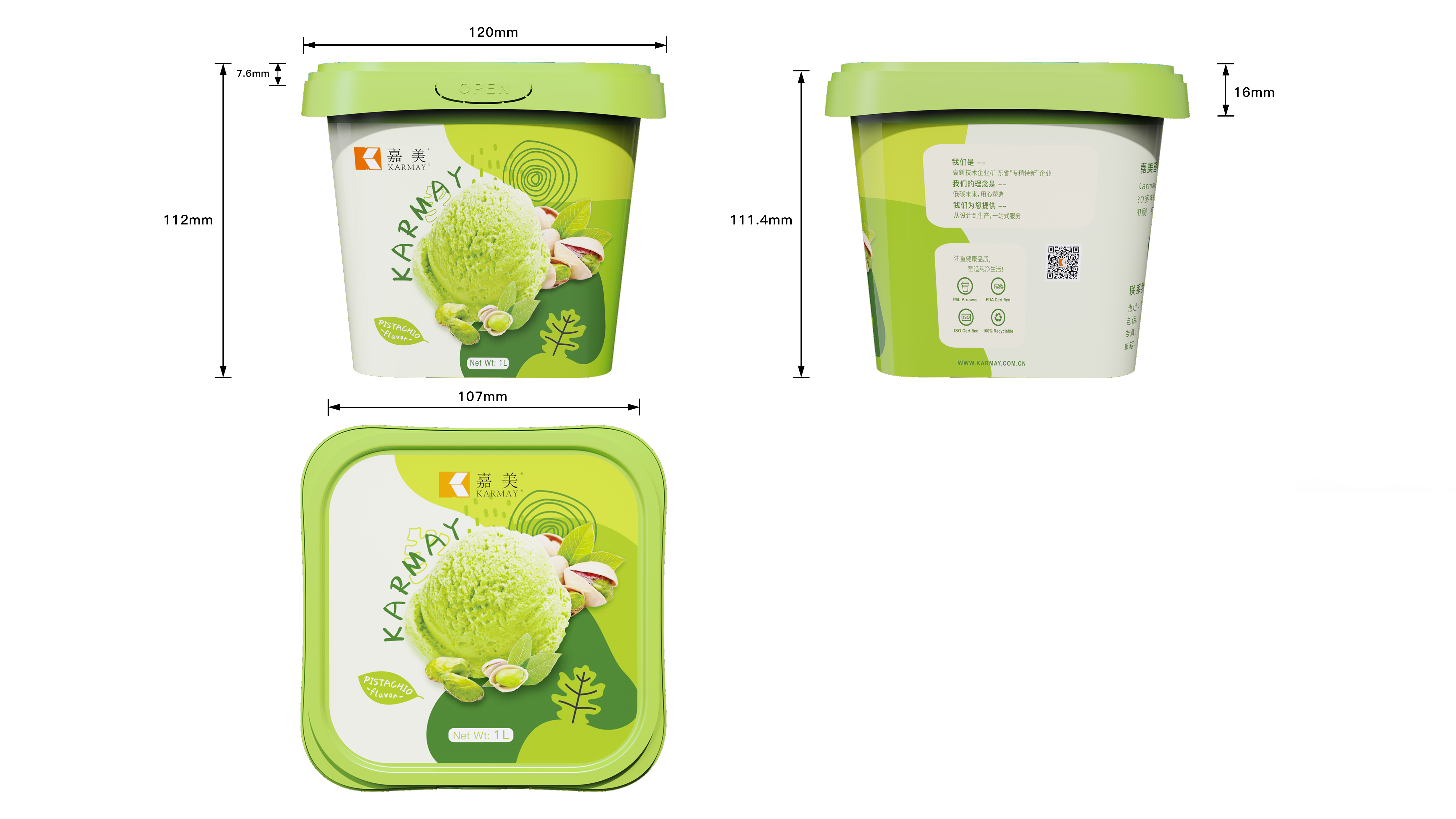 Dimension drawing for KARMAY 1000ml IML square food pail, size specifications diagram